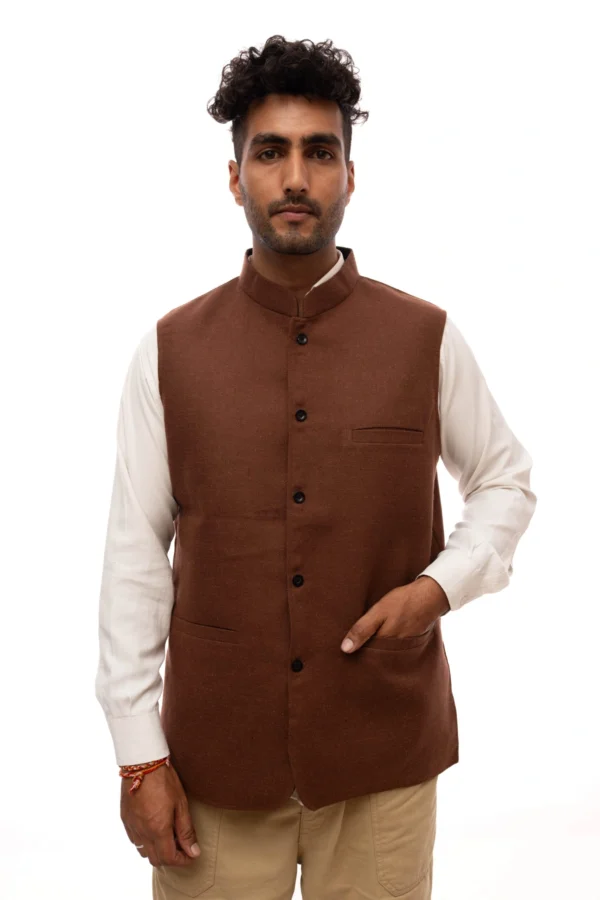 Brown Woolen Solid Black Nehru Jacket